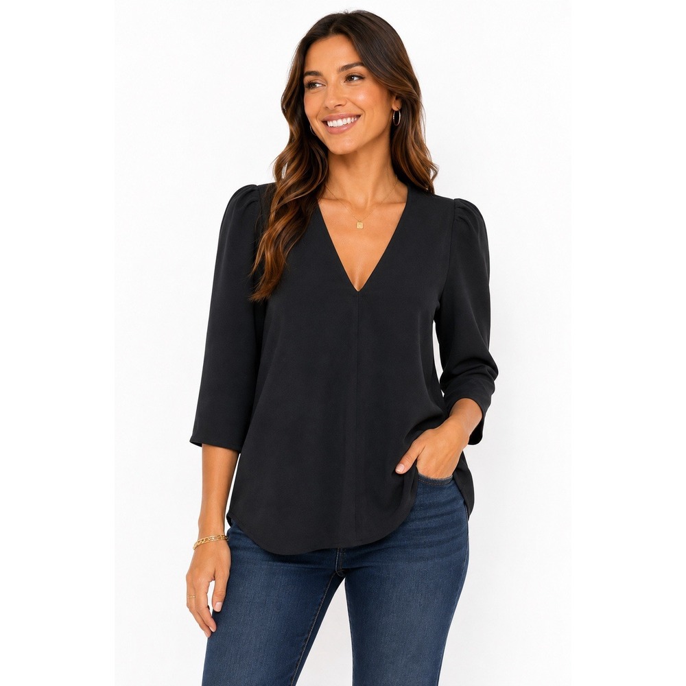 Tuckernuck Black V Neck Blouse XS 3/4 Sleeve Puff Shoulder Tunic Top